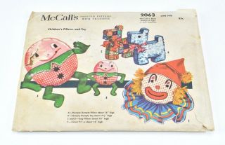 Vtg 1960s Mccalls 2063 Sewing Pattern Pillows Humpty Dumpty Clown Dog Pillows L