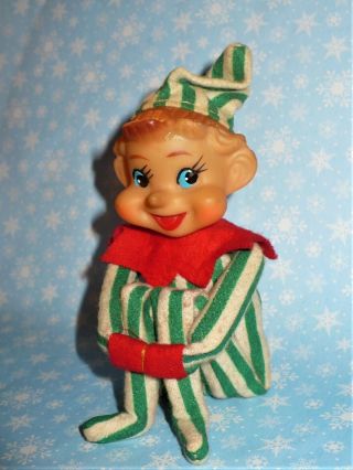 Vintage Christmas Knee Hugger Green/white Stripes Elf Doll Figure Japan 8 "
