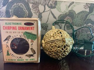 Vtg Gold Christmas Tree Ornament Electronic Chirping Ball Chirper Bird Sound Box