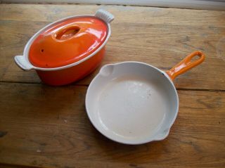 2 Vintage Orange Le Creuset Pot With Lid And Fry Pan 18 And 16