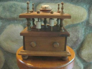 Vtg Ornate Wood Sewing Thread Spool Holder Box With Drawer & Pin Cushion