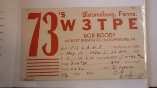 Old Vintage Qsl Ham Radio Card Postcard,  Bloomsburg Pennsylvania 1952