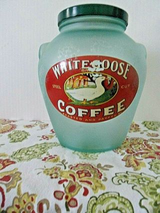 Vintage White Goose Coffee Jar With Duck Emblem Green Frosted Glass
