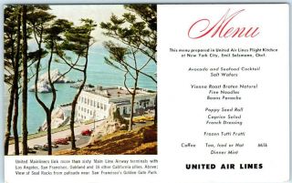 United Air Lines Airlines Menu San Francisco Cliff House Chef Salzmann Postcard