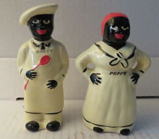 Vintage Black Americana “salty And Peppy” Chefs Yellow Salt & Pepper Shakers