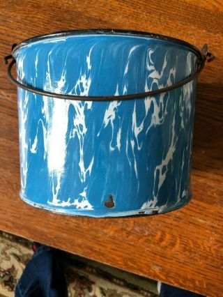 Antique Blue And White Swirl Enamelware Berry Bucket