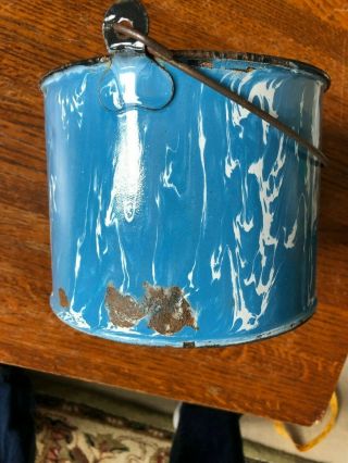 Antique Blue and White Swirl Enamelware Berry Bucket 2