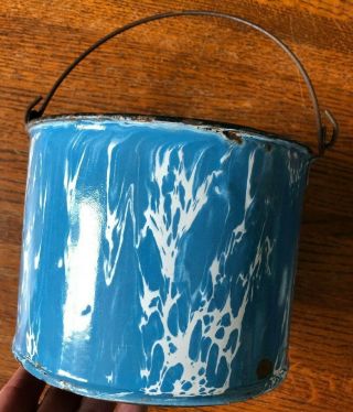 Antique Blue and White Swirl Enamelware Berry Bucket 3