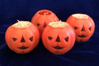 Fun Set 4 Vintage Halloween Smiling Jack - O - Lantern Made In Usa By Gurly Candles
