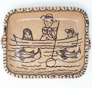 Fishing Tray Hand Painted Made In Mexico,  One - Of - A - Kind Folk Art 9.  25x7.  5