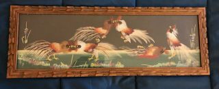 Large Vintage Mexican Folk Art Feathercraft Bird Feather Picture Cock Fighting