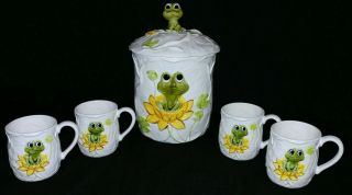 Neil The Frog 1978 Sears Roebuck Ceramic Canister Sugar Cookie Jar 4 Coffee Mugs