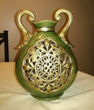 Mann Oriental Asian Ceramic Pottery Gold Gild Open Crest Green Vase 11 " H