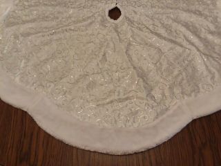 Christmas Tree Skirt Large White With Silver Sequins White Plush Trim