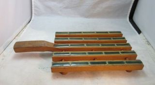 Vintage 1930 ' s arts & crafts wood & green tile trivet 3