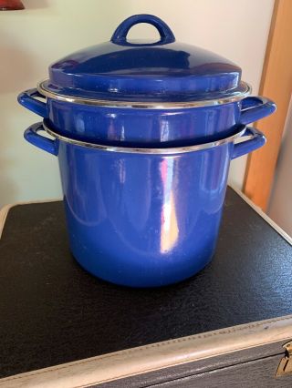 Large Enamel Ware Seafood Steamer Stock Pot Vintage Blue Strainer Pasta Boiler