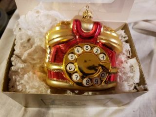 Vintage Hand Painted Blown Glass Christmas Telephone Ornament Made In Poland