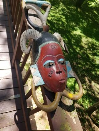 Vintage Hand Carved African Wood Tribal Face Mask With Bird Or Pelican