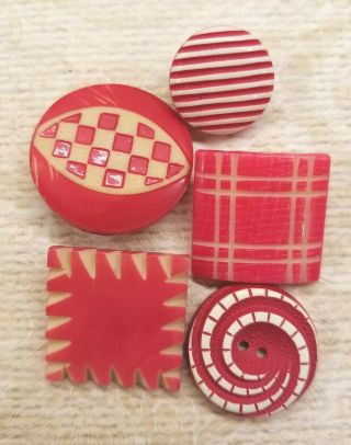 5 Vintage Celluloid Buttons,  Buffed And Carved,  Square,  Red Cream White