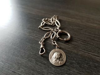 Antique Silver Pocket Watch Chain With Silver Medal Maria