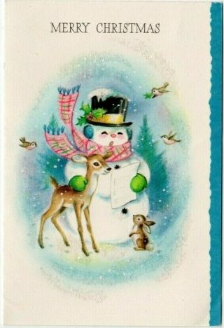 Snowman Reindeer Deer Fawn Glitter Pink Aqua Teal Vtg Christmas Greeting Card