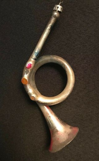 Large Vintage Glass Silver French Horn Christmas Tree Ornament 6.  5”