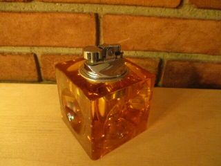Amber Glass Square Table Lighter Unique Vintage Antique Made Japan Koei 3