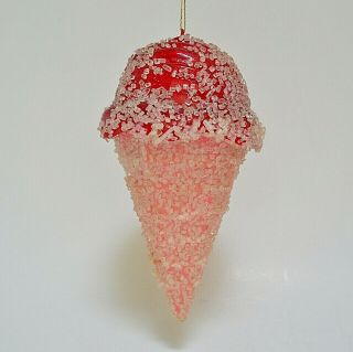 Vintage Sugar Plastic Ice Cream Cone Christmas Ornament Red Pink Glitter