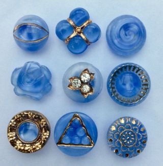 9 X 14mm Vintage Blue Moonglow Glass Buttons,  Gilt,  Rhinestones,  Unusual