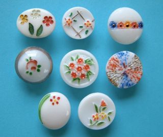 8 X 14mm Vintage Enamelled White Glass Buttons,  1920s To 1960s