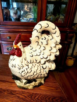 Vintage Ceramic French Poulet Black And White Rooster Cookie Jar 14 " Tall