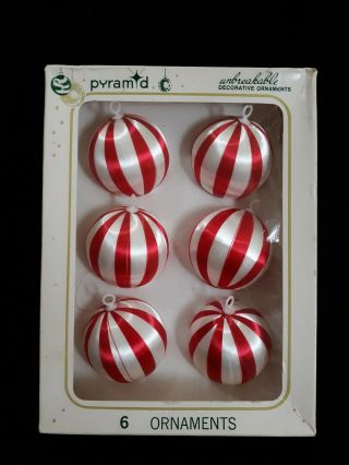Vintage Pyramid Set Of 6 Unbreakable Satin Red And White Ball Ornaments Label