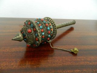 Vintage Tibetan Buddhist Prayer Wheel With Coral/turquoise Décor Includes Scroll