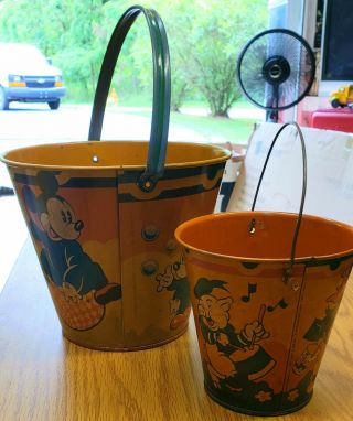 Walt Disney 1930s Mickey mouse toy sand pails 2 sizes Happynak seaside England 4