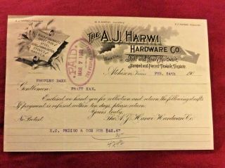 6.  10b 1903 Aj Harwi Hardware Co Tinware Tinplate Atchison Ks Stoves Letterhead