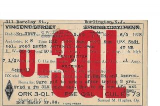 1928 U - 3ql Burlington N.  J.  Qsl Radio Card