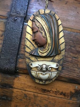 Vintage Wood Virgin Mary Holy Water Font