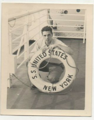 Black & White Photo Man On Deck Of S.  S.  United States W/ Life Ring Buoy