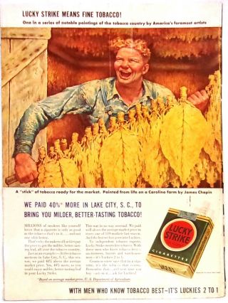 Vintage " 1943 Lucky Strike Cigarette,  Artist Series Print Ad,  A Stick Of Tobacco