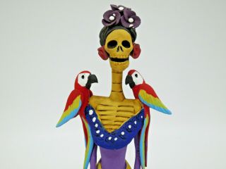 Frida Kahlo Catrina Handmade Clay Figurine Day Of The Dead Mexican Folk Art 10 "