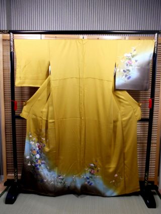 Japanese Kimono " Houmongi " Silk,  Flower With Embroidery,  Yellow,  L 65 ".  730