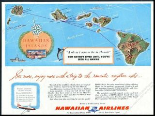 1956 Hawaiian Airlines Hawaii Islands Map Color Art Vintage Print Ad