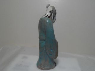 Vintage CHINESE MUD MAN w/Glaze Figure Standing Blue Robe Marked 7 1/2 