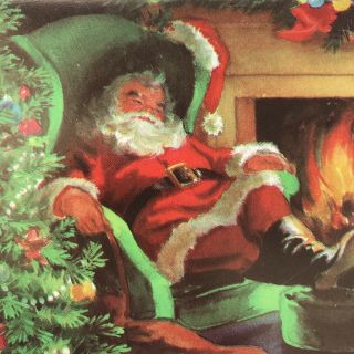 Vintage Mid Century Christmas Greeting Card Santa Claus Sleeping By Fireplace