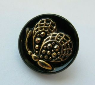 Gorgeous Antique Vtg Black Glass Picture Button Gold Butterfly Insect 3/4 " (b)