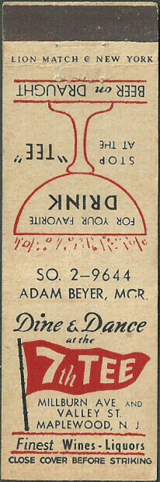 Tavern Very Old 7th Tee Matchbook Cover Maplewood,  Nj Jersey