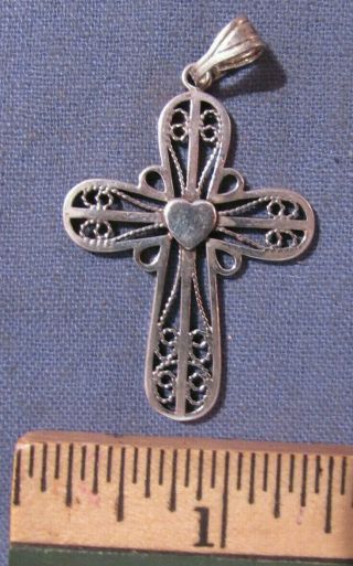 Vintage Sterling Silver Filigree Cross Pendant With Heart