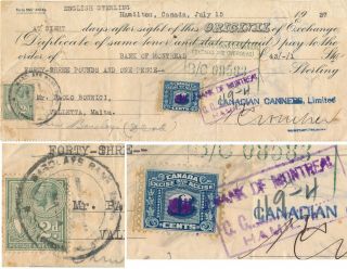 Canada 1937,  Bill Of Exchange With Revenue Combo With Malta Postage Stamp B241
