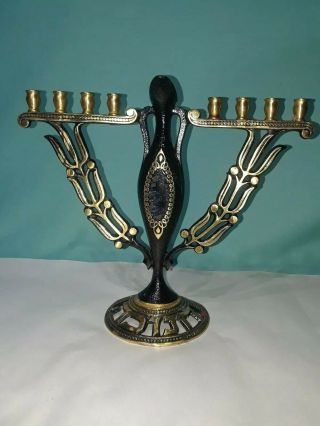 Black Enamel Brass Olive Oil Jug Pitcher Menorah Jewish Judaica Hanukkah