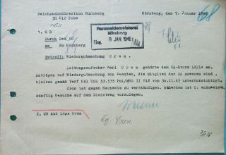 Letter By Reichsbahn Direction Nuremberg - Denazification Trial 1946 - Karl Cron